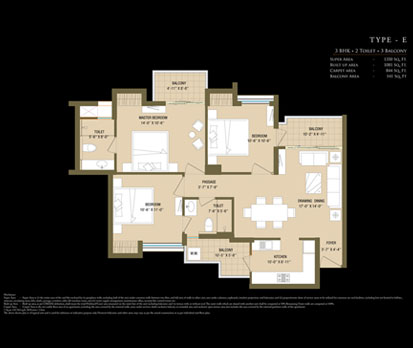 Bleu Casa - Type E - 3 BHK + 2 Toilets + 3 Balcony